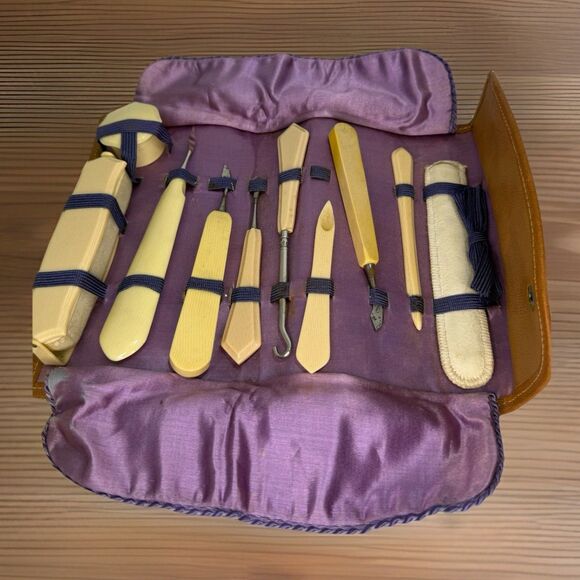 Collectible Vintage Celluloid Manicure set French Traveling Manicure Pouch. - Picture 1 of 6